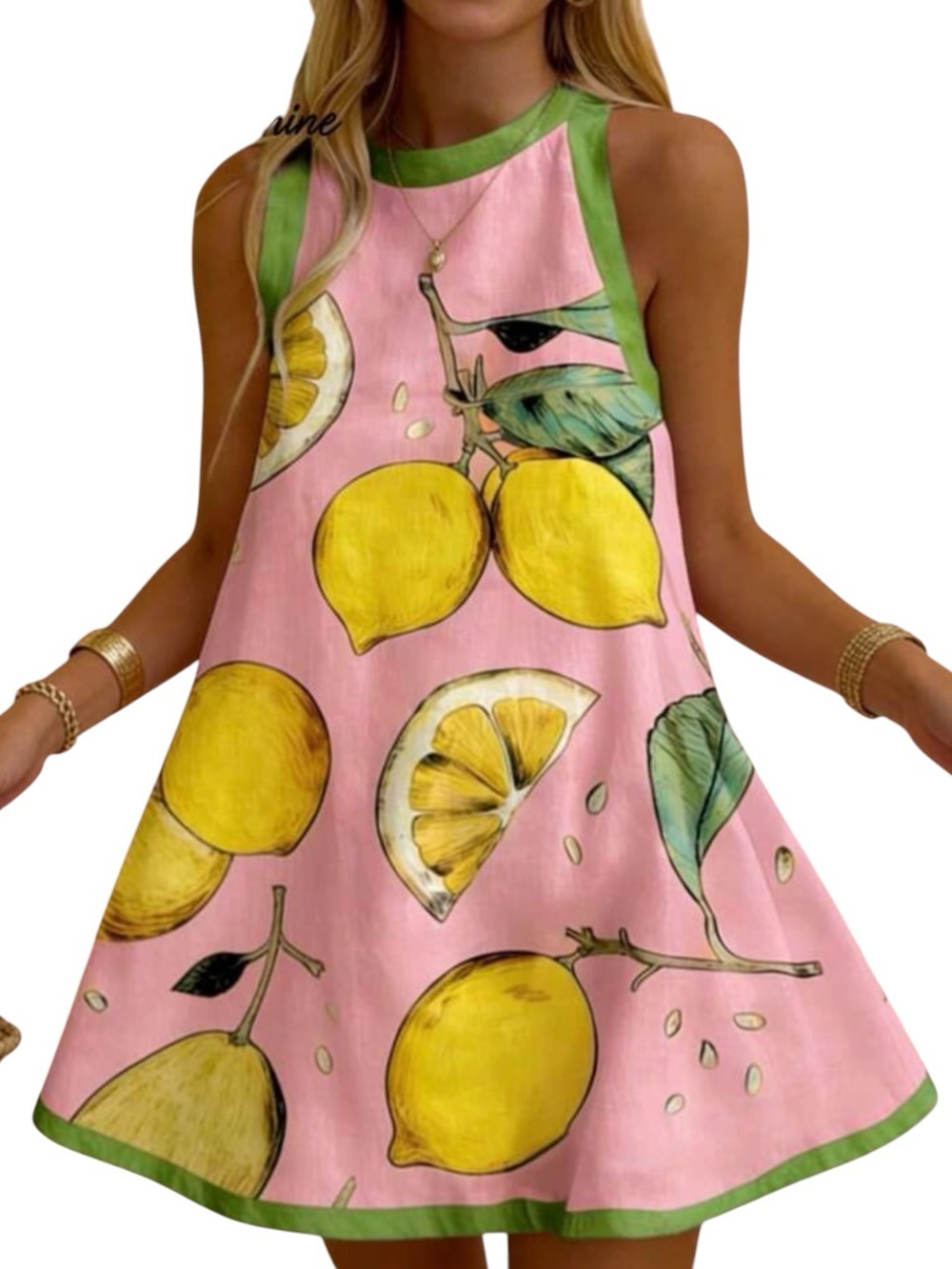 Lemon Print Color Block  Pink/Green/Yellow Sleeveless Summer Dress Lined New